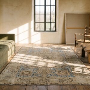 Light Blues and Neutrals Antique Small Scatter Size Persian Kerman Area Rug (SKU 18667) - room view