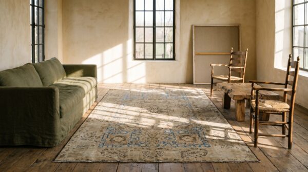 Light blues and neutrals antique small scatter size persian kerman area rug 6 Light blues and neutrals antique small scatter size persian kerman area rug (sku 18667) - room view