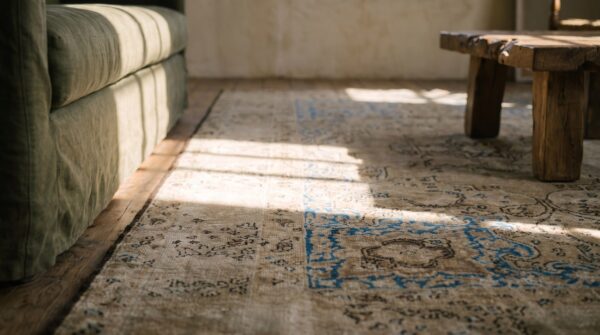 Light blues and neutrals antique small scatter size persian kerman area rug 7 Light blues and neutrals antique small scatter size persian kerman area rug (sku 18667) - in-room detail