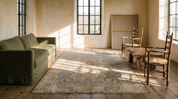 Light blues and neutrals antique small scatter size persian kerman area rug 2 Light blues and neutrals antique small scatter size persian kerman area rug (sku 18667) - styled overhead view