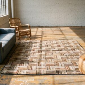 Light Brown Earthy Antique American Geometric Folk Art Basket Weave Pattern Hooked Rug (SKU 17336) - room view