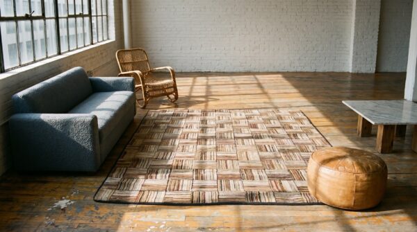 Light brown earthy antique american geometric folk art basket weave pattern hooked rug 5 Light brown earthy antique american geometric folk art basket weave pattern hooked rug (sku 17336) - room view