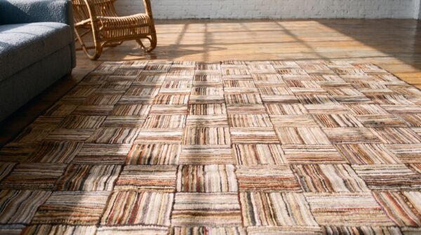 Light brown earthy antique american geometric folk art basket weave pattern hooked rug 6 Light brown earthy antique american geometric folk art basket weave pattern hooked rug (sku 17336) - in-room detail