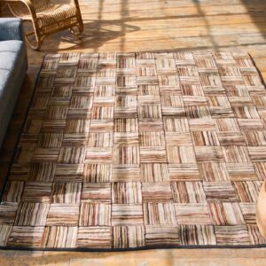 Light Brown Earthy Antique American Geometric Folk Art Basket Weave Pattern Hooked Rug (SKU 17336) - styled overhead view