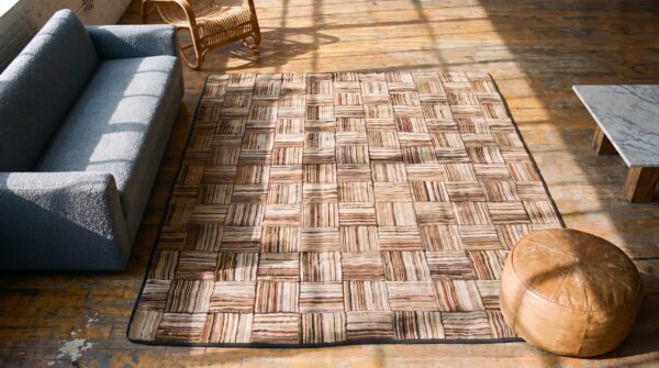 Light brown earthy antique american geometric folk art basket weave pattern hooked rug 2 Light brown earthy antique american geometric folk art basket weave pattern hooked rug (sku 17336) - styled overhead view