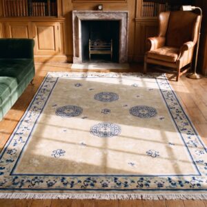 Light Color Antique Allover Design Mid 18th Century Wool Pile Chinese Rug (SKU 20410) - styled overhead view