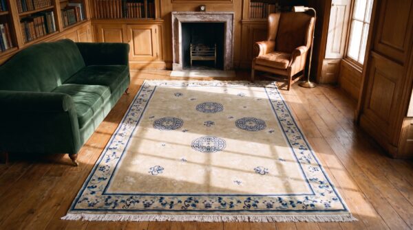 Light color antique allover design mid 18th century wool pile chinese rug 2 Light color antique allover design mid 18th century wool pile chinese rug (sku 20410) - styled overhead view