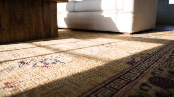 Antique light color big chinese allover floral pattern knotted wool pile rug 8 Antique light color big chinese allover floral pattern knotted wool pile rug (sku 24697) - in-room detail
