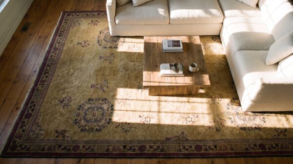 Antique light color big chinese allover floral pattern knotted wool pile rug 2 Antique light color big chinese allover floral pattern knotted wool pile rug (sku 24697) - styled overhead view
