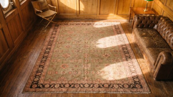 Light color antique east turkestan allover geometric hand knotted pile khotan rug 2 Light color antique east turkestan allover geometric hand knotted pile khotan rug (sku 19649) - styled overhead view