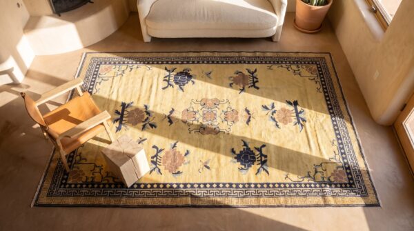 Light color antique east turkestan khotan wool pile area rug 2 Light color antique east turkestan khotan wool pile area rug (sku 24501) - styled overhead view