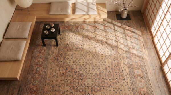 Light color fine weave classic herati design antique persian tabriz rug 2 Light color fine weave classic herati design antique persian tabriz rug (sku 20802) - styled overhead view