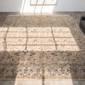 Light Color Fine Weave Antique Floral Persian Room Size Kerman Rug (SKU 20148) - styled overhead view