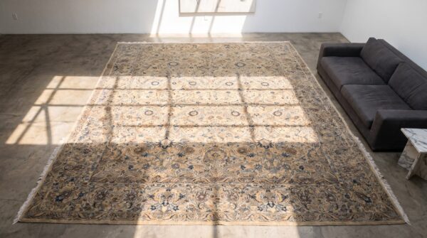 Light color fine weave antique floral persian room size kerman rug 2 Light color fine weave antique floral persian room size kerman rug (sku 20148) - styled overhead view
