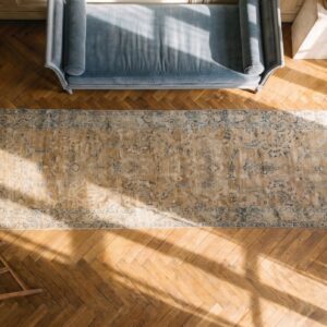 Antique Light Color Floral Persian Kerman Hallway Runner Wool Rug (SKU 21716) - styled overhead view