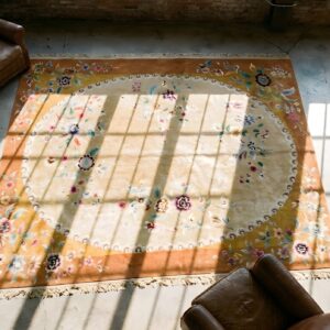 Light Color Oval Shape Field Antique Art Deco Chinese Floral Hand Knotted Rug (SKU 22895) - styled overhead view