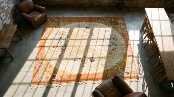 Light color oval shape field antique art deco chinese floral hand knotted rug 2 Light color oval shape field antique art deco chinese floral hand knotted rug (sku 22895) - styled overhead view