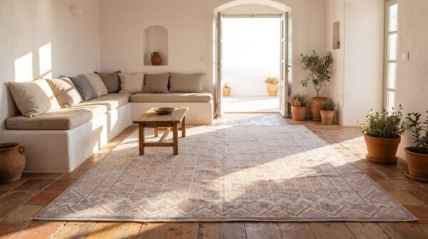 Light color tribal geometric allover pattern antique indian cotton pile agra rug 7 Light color tribal geometric allover pattern antique indian cotton pile agra rug (sku 20317) - room view