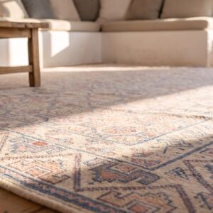 Light Color Tribal Geometric Allover Pattern Antique Indian Cotton Pile Agra Rug (SKU 20317) - in-room detail