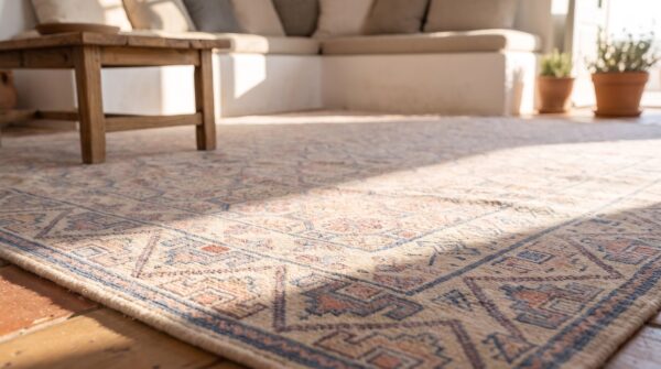 Light color tribal geometric allover pattern antique indian cotton pile agra rug 8 Light color tribal geometric allover pattern antique indian cotton pile agra rug (sku 20317) - in-room detail