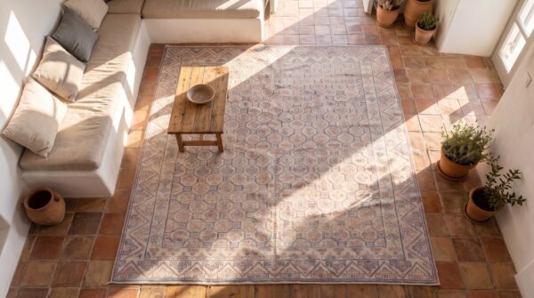 Light color tribal geometric allover pattern antique indian cotton pile agra rug 2 Light color tribal geometric allover pattern antique indian cotton pile agra rug (sku 20317) - styled overhead view