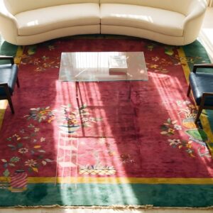 Light Coral Color Antique Classic Art Deco Chinese Design Carpet (SKU 23636) - styled overhead view