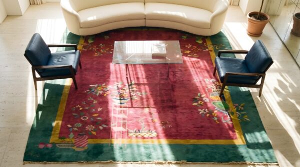 Light coral color antique classic art deco chinese design carpet (sku 23636) - styled overhead view