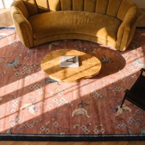 Light Coral Antique Late 19th Century Peking Chinese Rug (SKU 23436) - styled overhead view