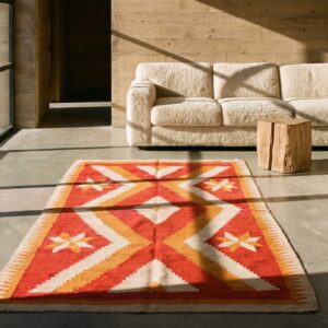 Light Coral Antique Native American Flatweave Tribal Geometric Small Navajo Rug (SKU 20582) - room view