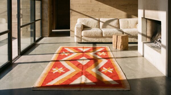 Light coral antique native american flatweave tribal geometric small navajo rug 10 Light coral antique native american flatweave tribal geometric small navajo rug (sku 20582) - room view