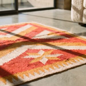 Light Coral Antique Native American Flatweave Tribal Geometric Small Navajo Rug (SKU 20582) - in-room detail