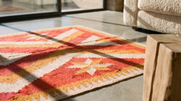 Light coral antique native american flatweave tribal geometric small navajo rug 11 Light coral antique native american flatweave tribal geometric small navajo rug (sku 20582) - in-room detail