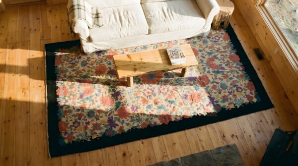 Light cream color antique artistic floral art deco chinese rug (sku 23894) - styled overhead view