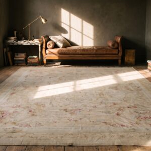 Light Cream Color Faded Rose Floral Design Antique French Aubusson Rug (SKU 21508) - room view