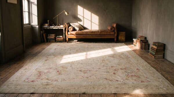 Light cream color faded rose floral design antique french aubusson rug 6 Light cream color faded rose floral design antique french aubusson rug (sku 21508) - room view