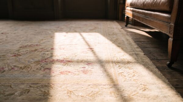 Light cream color faded rose floral design antique french aubusson rug 7 Light cream color faded rose floral design antique french aubusson rug (sku 21508) - in-room detail