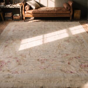 Light Cream Color Faded Rose Floral Design Antique French Aubusson Rug (SKU 21508) - styled overhead view