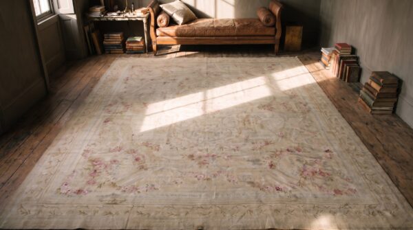 Light cream color faded rose floral design antique french aubusson rug 2 Light cream color faded rose floral design antique french aubusson rug (sku 21508) - styled overhead view