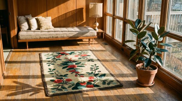 Light cream color antique floral pattern american hooked area rug 5 Light cream color antique floral pattern american hooked area rug (sku 18428) - room view
