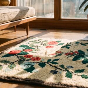 Light Cream Color Antique Floral Pattern American Hooked Area Rug (SKU 18428) - in-room detail