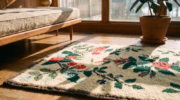 Light cream color antique floral pattern american hooked area rug 6 Light cream color antique floral pattern american hooked area rug (sku 18428) - in-room detail