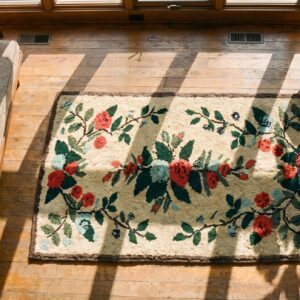 Light Cream Color Antique Floral Pattern American Hooked Area Rug (SKU 18428) - styled overhead view