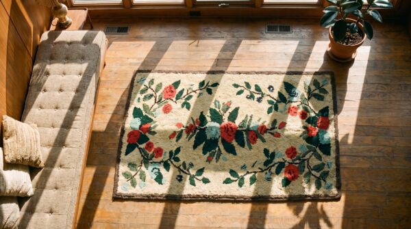 Light cream color antique floral pattern american hooked area rug 2 Light cream color antique floral pattern american hooked area rug (sku 18428) - styled overhead view