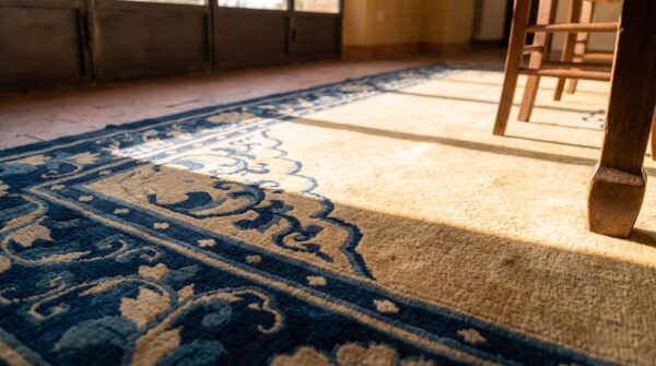 Light cream color antique mid 19th century chinese ningxia rug 8 Light cream color antique mid 19th century chinese ningxia rug (sku 23339) - in-room detail