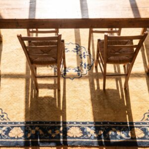 Light Cream Color Antique Mid 19th Century Chinese Ningxia Rug (SKU 23339) - styled overhead view