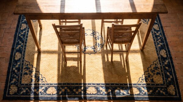 Light cream color antique mid 19th century chinese ningxia rug 2 Light cream color antique mid 19th century chinese ningxia rug (sku 23339) - styled overhead view