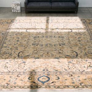 Light Cream Color Antique Room Size Persian Polonaise Design Tabriz Rug (SKU 19899) - styled overhead view