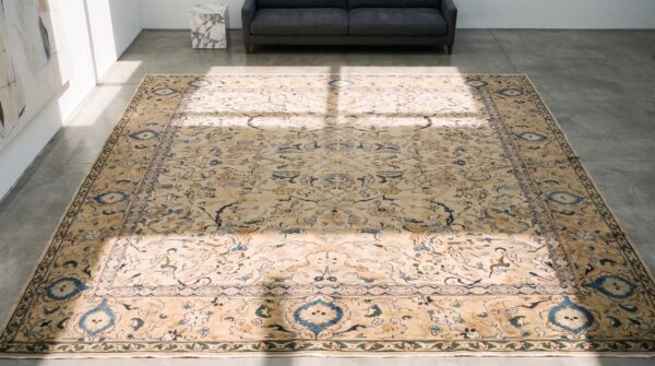Light cream color antique room size persian polonaise design tabriz rug 2 Light cream color antique room size persian polonaise design tabriz rug (sku 19899) - styled overhead view