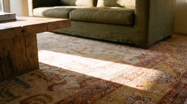 Light cream color antique tribal geometric room size persian sultanabad rug 8 Light cream color antique tribal geometric room size persian sultanabad rug (sku 23334) - in-room detail