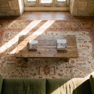 Light Cream Color Antique Tribal Geometric Room Size Persian Sultanabad Rug (SKU 23334) - styled overhead view